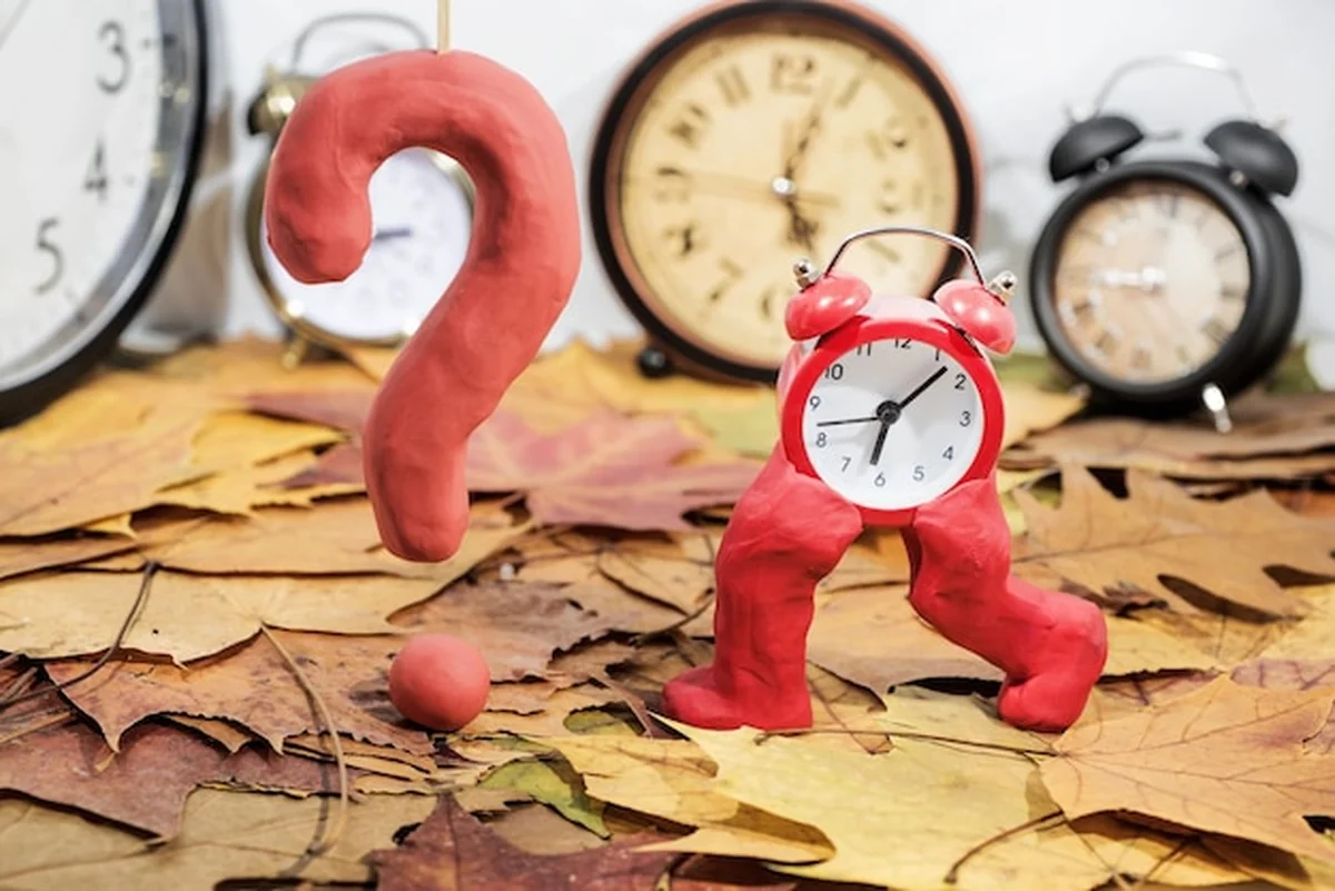 Zbliżenie budzika za pomocą znaku zapytania na liściach