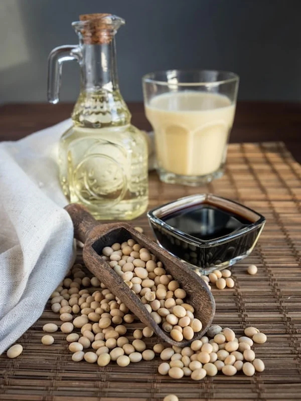 Surowe ziarna soi i produkty sojowe - mleko, sos, olej, białko roślinne, żywność wegańska
