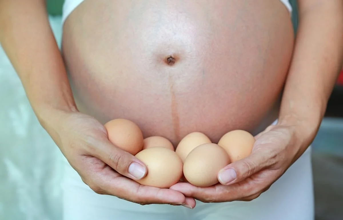 Kobieta w ciąży trzyma jajko przy brzuszku
